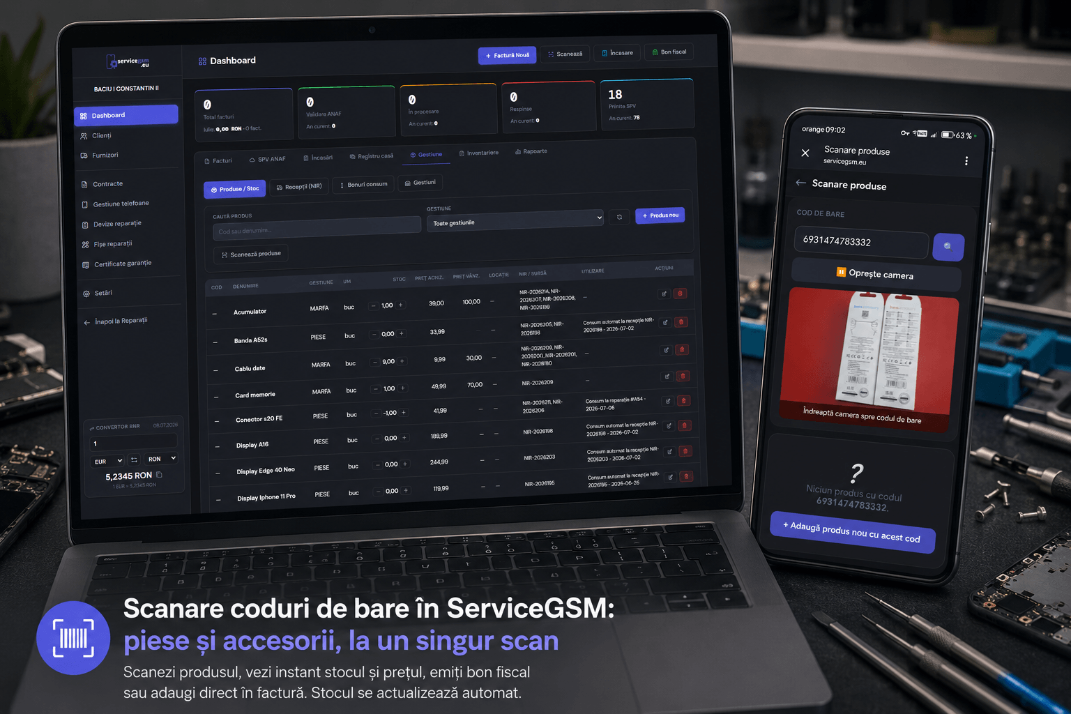 Scanare coduri de bare în ServiceGSM.eu: piese și accesorii, la un singur scan