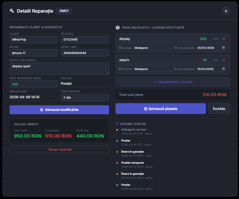 Update Dashboard ServiceGSM.eu – Funcționalități Noi în Modulul Detalii Reparații și Gestiune